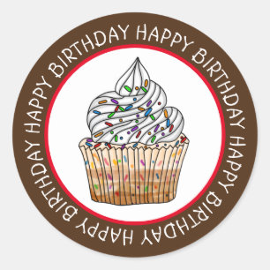 Pegatina Redonda Feliz cumpleaños Personalizado Vanilla Cupcake
