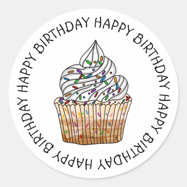 Pegatina Redonda Feliz cumpleaños Personalizado Vanilla Cupcake (Anverso)