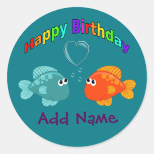 Pegatina Redonda Feliz Cumpleaños Pescado, Corazón, Personalizado.