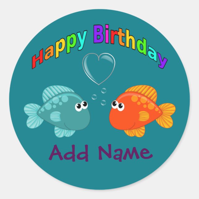 Pegatina Redonda Feliz Cumpleaños Pescado, Corazón, Personalizado. (Anverso)
