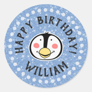 Pegatina Redonda Feliz cumpleaños, Pingüino