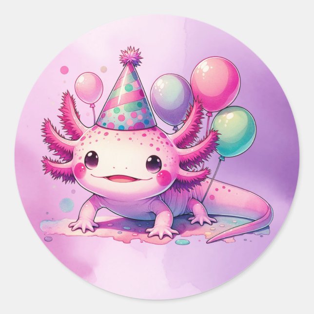 Pegatina Redonda Feliz cumpleaños, Pink y Purple Axolotl (Anverso)
