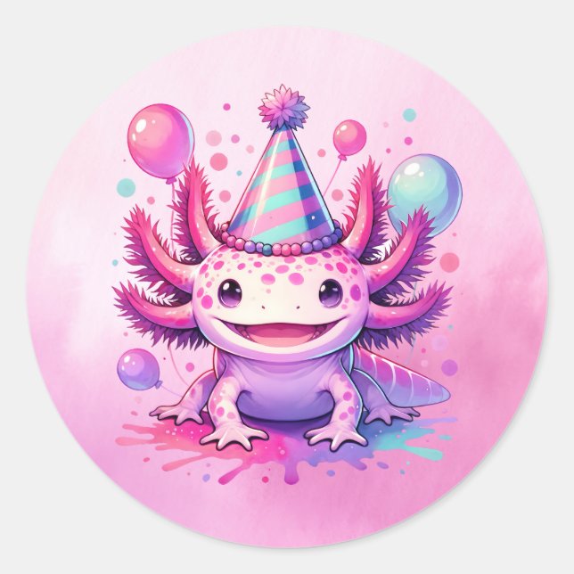 Pegatina Redonda Feliz cumpleaños, Pink y Purple Axolotl (Anverso)
