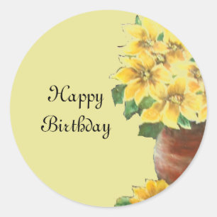 Pegatina Redonda Feliz cumpleaños Pintando flores amarillas en una