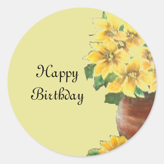 Pegatina Redonda Feliz cumpleaños Pintando flores amarillas en una  (Anverso)