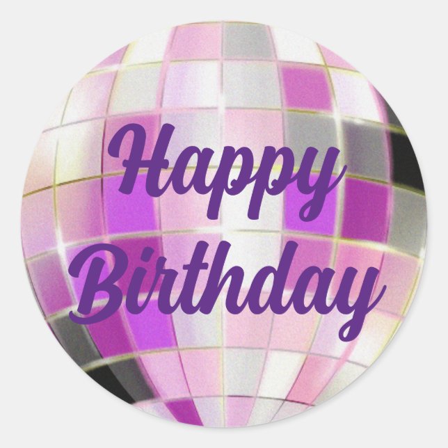 Pegatina Redonda feliz cumpleaños púrpura bola disco rosa (Anverso)