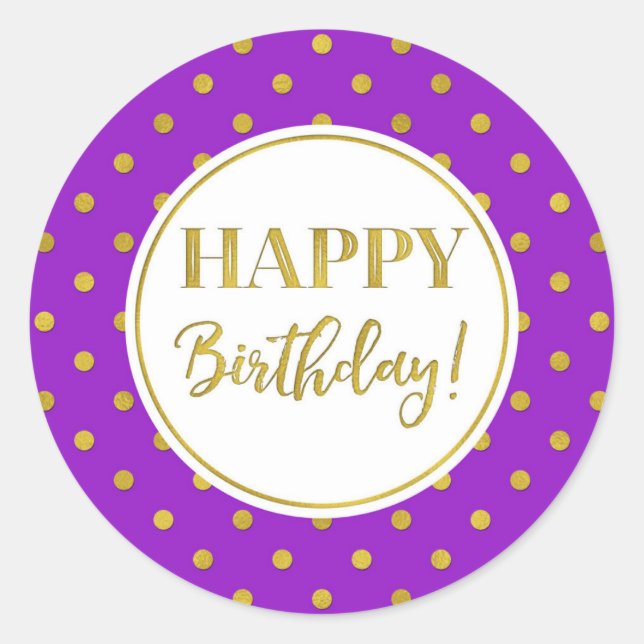 Pegatina Redonda Feliz cumpleaños púrpura oro blanco (Anverso)