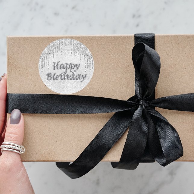 Pegatina Redonda Feliz cumpleaños, purpurina de plata gotea metaliz (Subido por el creador)