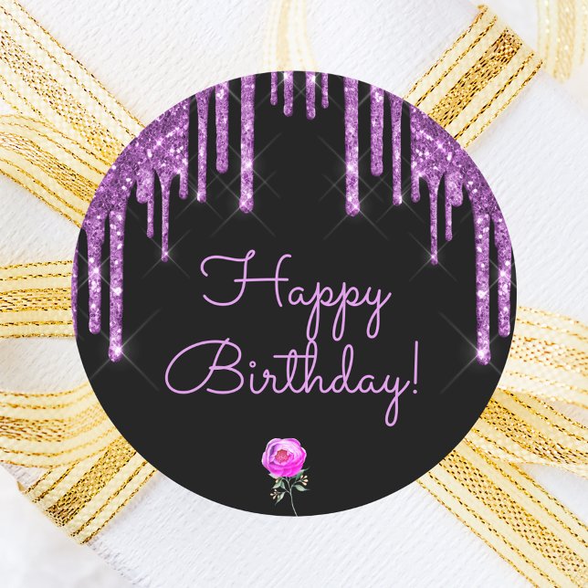 Pegatina Redonda Feliz cumpleaños purpurina morado negro brillante  (Subido por el creador)