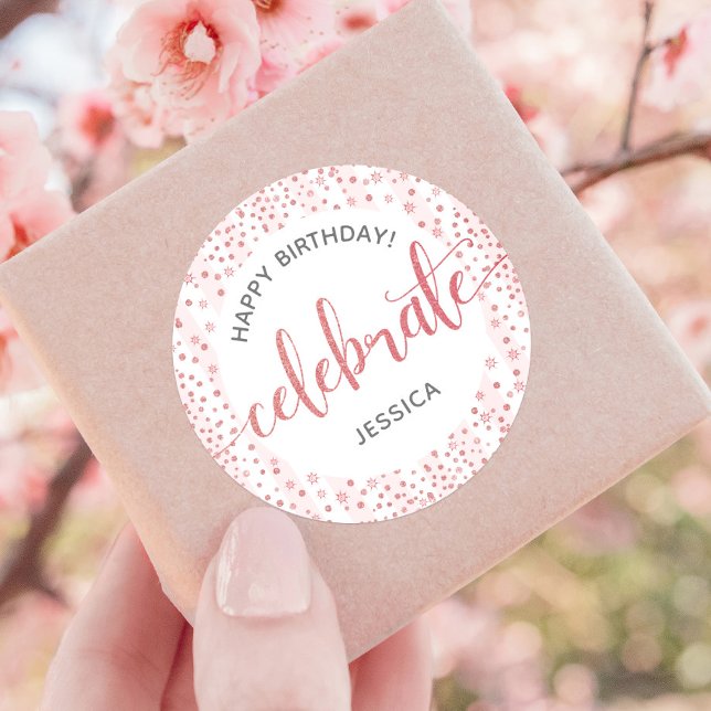 Pegatina Redonda Feliz cumpleaños Purpurina rosado guión franjas bl (Subido por el creador)