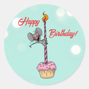 Pegatina Redonda Feliz Cumpleaños Ratón con Cupcake y Vela