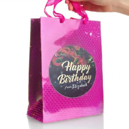 Pegatina Redonda Feliz cumpleaños Red Floral Gold Script Purple Lig