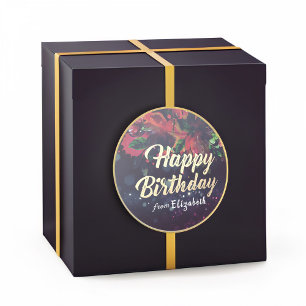 Pegatina Redonda Feliz cumpleaños Red Floral Gold Script Purple Lig