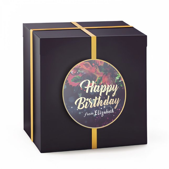 Pegatina Redonda Feliz cumpleaños Red Floral Gold Script Purple Lig (Subido por el creador)