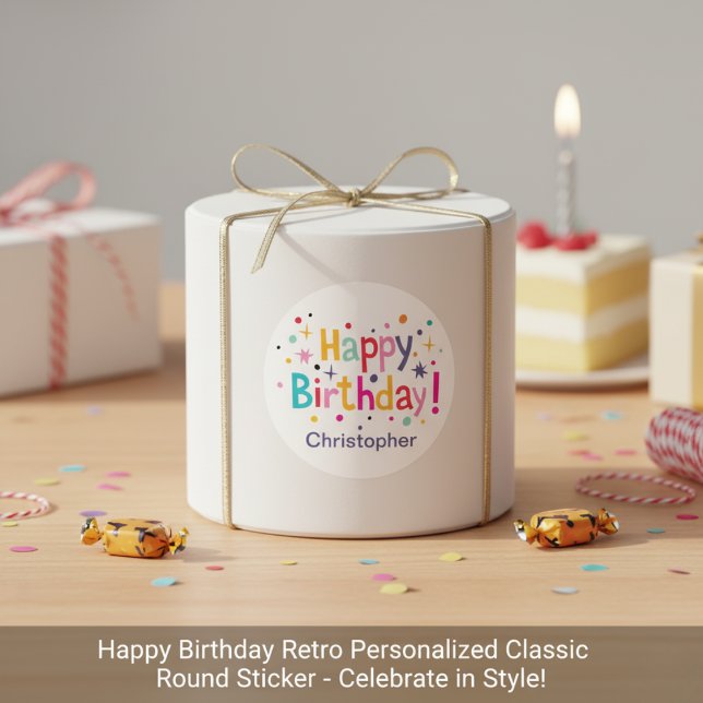 Pegatina Redonda Feliz cumpleaños retro personalizado (Happy Birthday Retro Personalized Classic Round Sticker)