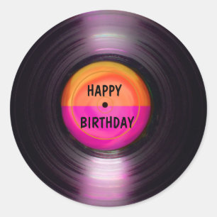 Pegatina Redonda Feliz cumpleaños Retro Vinyl Record