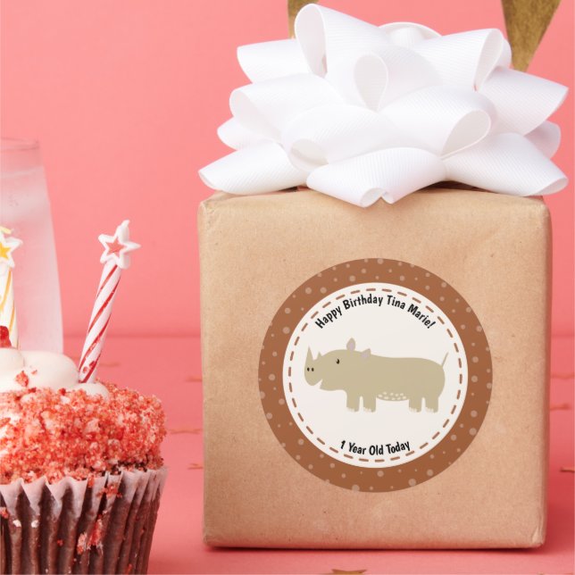 Pegatina Redonda Feliz cumpleaños Rhinoceros Rhino Zoo Animales (Fiesta)