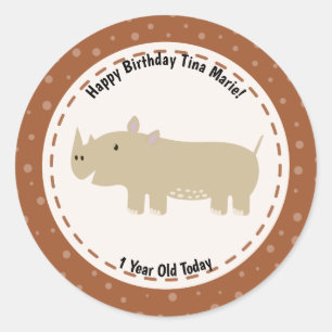 Pegatina Redonda Feliz cumpleaños Rhinoceros Rhino Zoo Animales