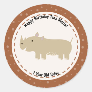 Pegatina Redonda Feliz cumpleaños Rhinoceros Rhino Zoo Animales