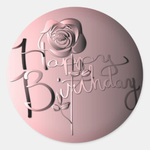 Pegatina Redonda "¡Feliz cumpleaños!" Rosa 3D de Sangria escrita a
