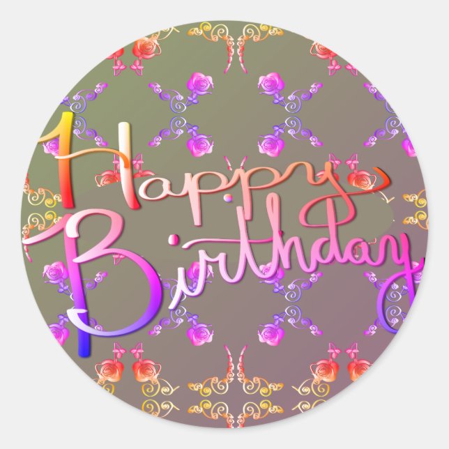 Pegatina Redonda "¡Feliz cumpleaños!", Rosa escrita a mano Hearts G (Anverso)