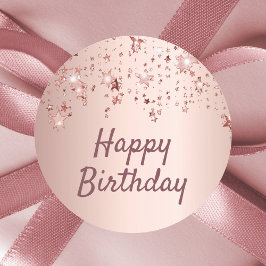 Pegatina Redonda Feliz cumpleaños rosa estrellas de oro rosadas