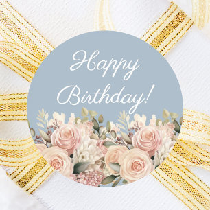 Pegatina Redonda Feliz cumpleaños rosa marfil azul polvoriento