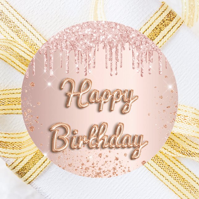 Pegatina Redonda Feliz cumpleaños rosa oro sonriente purpurina (Subido por el creador)