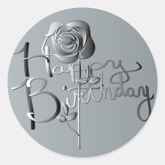 Pegatina Redonda "¡Feliz cumpleaños!" Rosa Silver 3D manuscrito (Anverso)