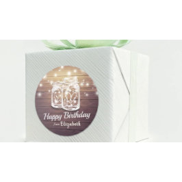 Pegatina Redonda Feliz cumpleaños Rustic Wood Mason Jar String Ligh