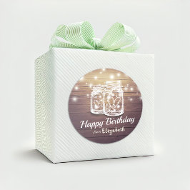 Pegatina Redonda Feliz cumpleaños Rustic Wood Mason Jar String Ligh