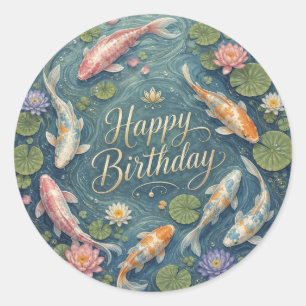 Pegatina Redonda Feliz Cumpleaños Sereno Estanque de Koi Nenúfar