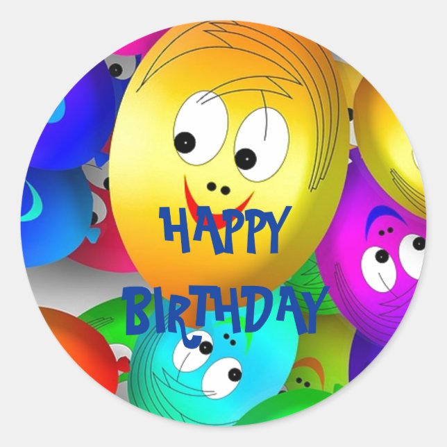 Pegatina Redonda Feliz cumpleaños sonrientes caras de globo (Anverso)