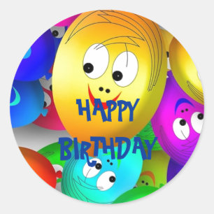 Pegatina Redonda Feliz cumpleaños sonrientes caras de globo