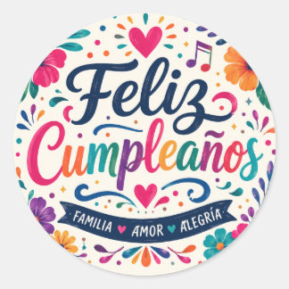 Pegatina Redonda Feliz Cumpleaños Spanish Floral Fiesta