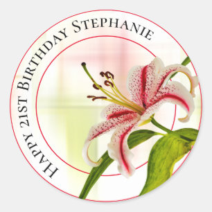 Pegatina Redonda Feliz cumpleaños Stargazer Lily Floral Photograph