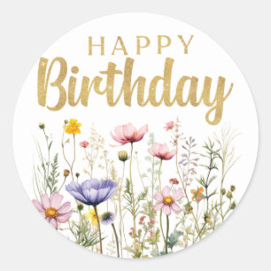 Pegatina Redonda Feliz Cumpleaños Sticker Clásico Sencillo Flor Sil