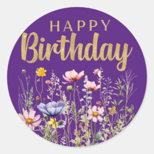 Pegatina Redonda Feliz Cumpleaños Sticker Clásico Simple Flor Silve