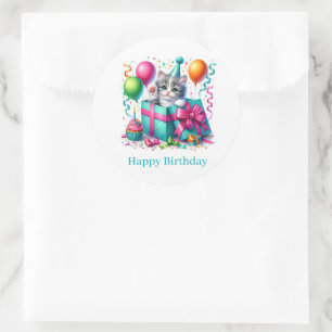Pegatina Redonda Feliz Cumpleaños Stickers Gatito
