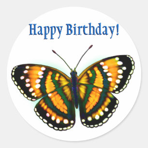 Pegatina Redonda Feliz cumpleaños Sunshine tropical mariposa amaril