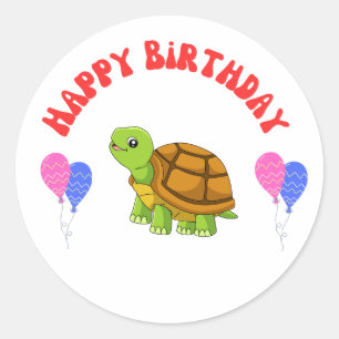 Pegatina Redonda Feliz cumpleaños, tarjeta de tortuga con globos -