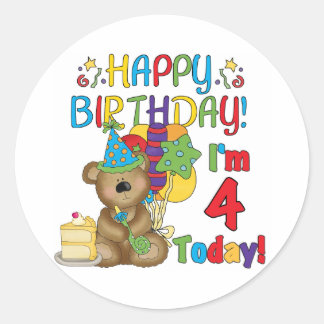 Pegatina Redonda Feliz cumpleaños Teddy Bear 4ª camisetas y regalos
