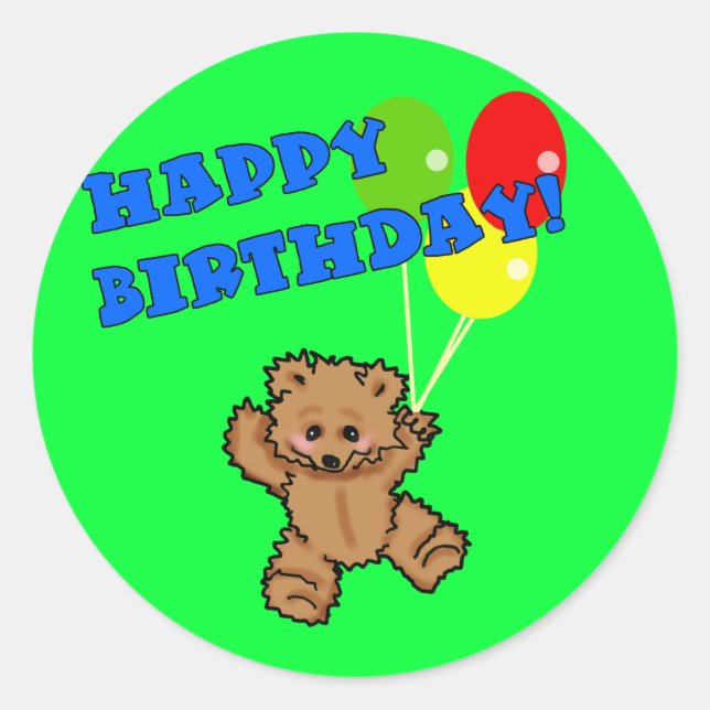 Pegatina Redonda Feliz cumpleaños Teddy Bear con globos (Anverso)