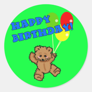 Pegatina Redonda Feliz cumpleaños Teddy Bear con globos