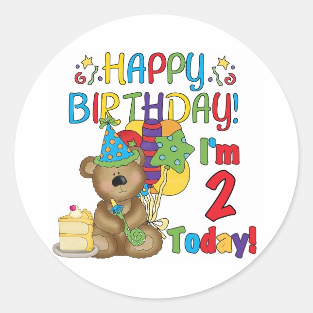 Pegatina Redonda Feliz cumpleaños Teddy Bear segundo cumpleaños (Anverso)