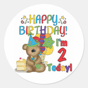 Pegatina Redonda Feliz cumpleaños Teddy Bear segundo cumpleaños