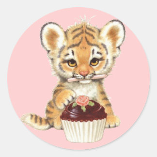 Pegatina Redonda Feliz cumpleaños - Tigre lindo con pastel