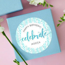 Pegatina Redonda Feliz cumpleaños Turquoise Purpurina franjas blanc