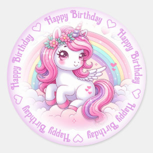 Pegatina Redonda Feliz cumpleaños Unicorn