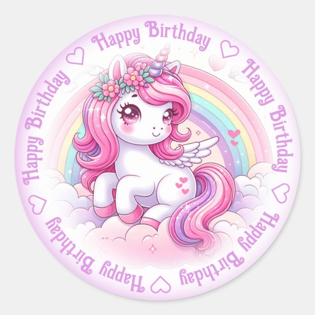 Pegatina Redonda Feliz cumpleaños Unicorn (Anverso)
